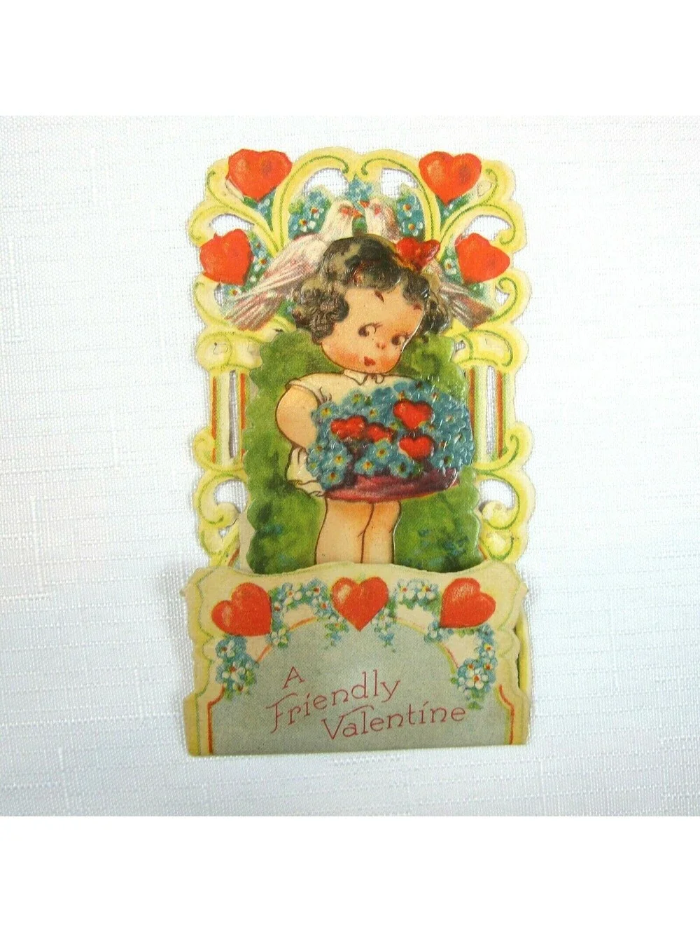 Vintage Valentine Pull Down Die Cut Girl Flower Basket Stand Up Germany 1920-30s